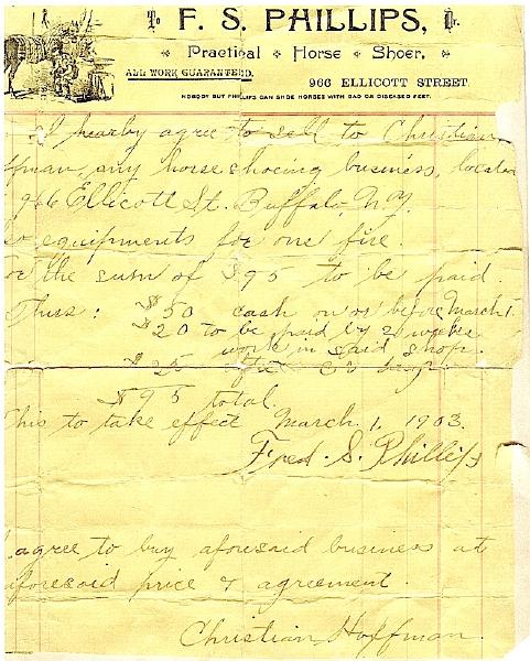 Christ Hoffman purchases Fred Phillips' horeshoing business, 1903