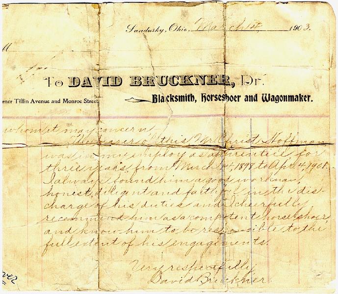 Christ Hoffman, 1903 reference from blacksmith, horseshoer & wagonsmith David Bruckner