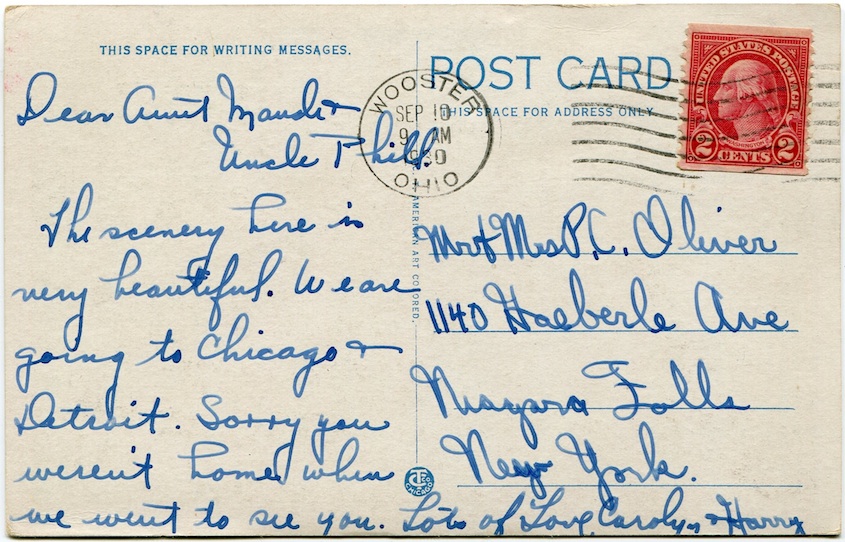 Postcard to Maude and Phil Oliver from Carolyn and Harry, 10 September 1930